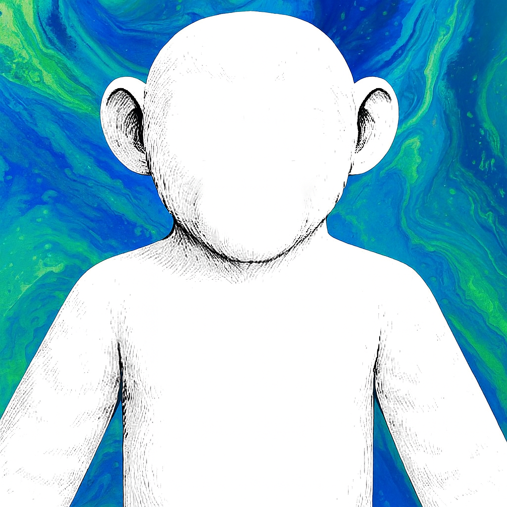 Stylized monkey figure with blue-green swirl background